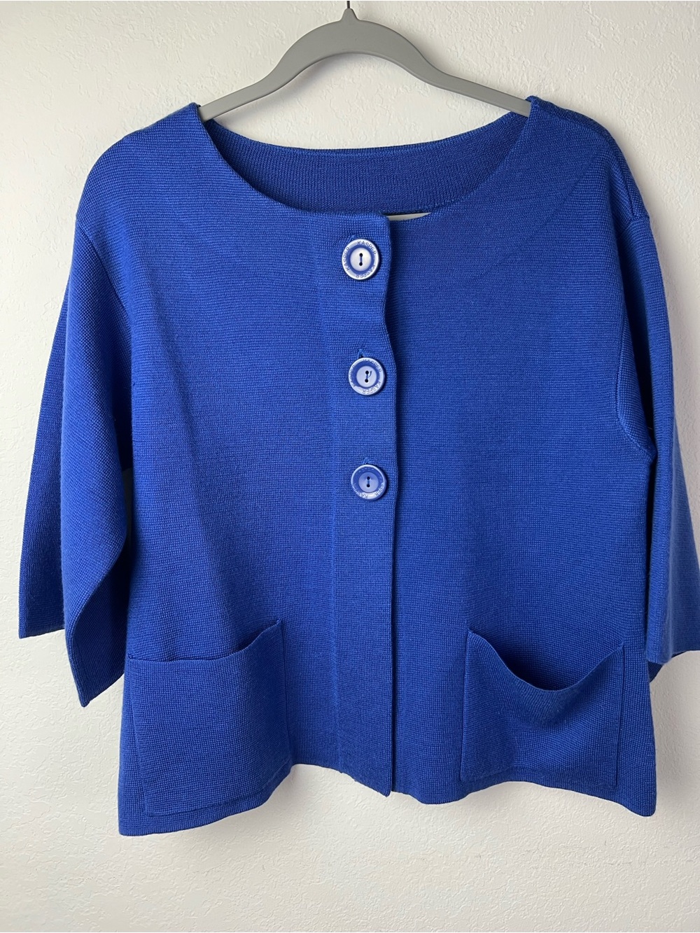 Kasper Essential Sportswear Blue 60’s Style Wool Blend Short Sleeve Cardigan